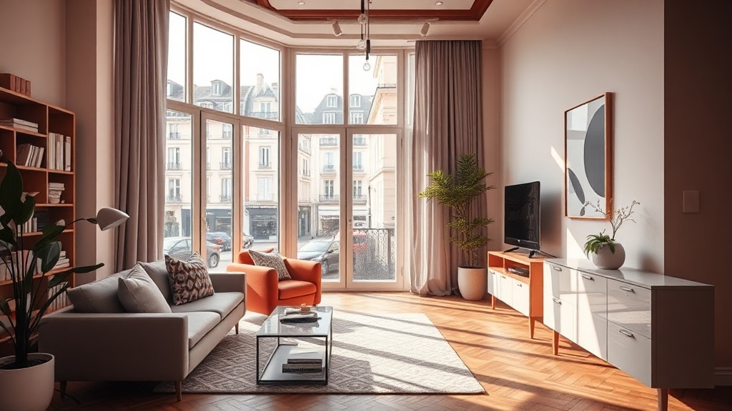 Appartement lumineux avec vue sur une rue de ville française