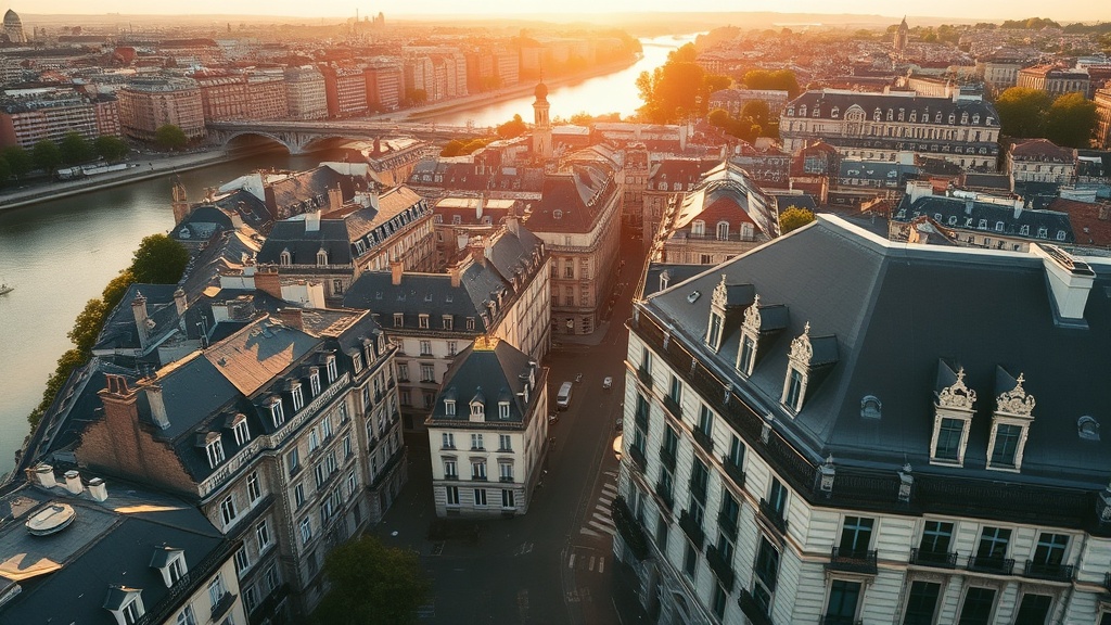 Toits et façades en pierre de Bordeaux au coucher du soleil